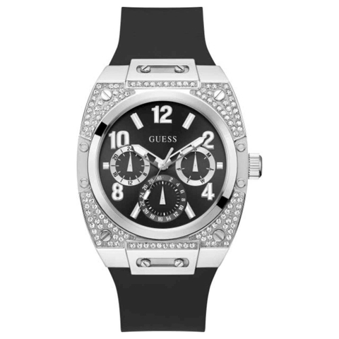 Đồng Hồ Nam Guess GW0623G1 Vỏ Silver Đính Đá Dây Silicone Đen 43mm