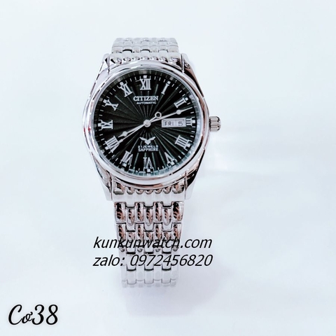 Đồng Hồ Nam Citizen Automatic 21Jewels 2 Lịch Điểm Số La Mã 12 Mốc Giờ Silver Mặt Đen 38mm
