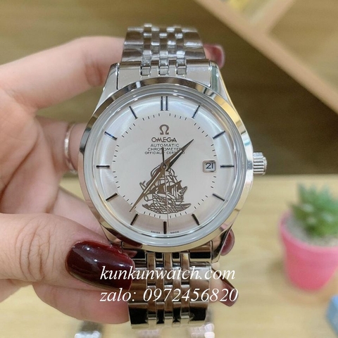 Đồng Hồ Nam Omega Automatic Thuyền Buồm Bạc Mặt Trắng 40mm