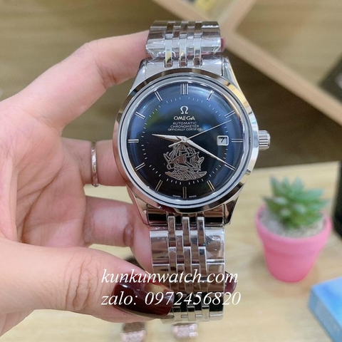 Đồng Hồ Nam Omega Automatic Thuyền Buồm Bạc Mặt Đen 40mm