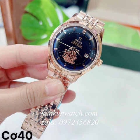 Đồng Hồ Nam Omega Automatic Thuyền Buồm Vàng Hồng Mặt Đen 40mm