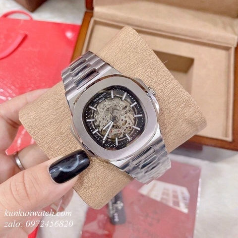 Đồng Hồ Nam Patek Philippe Automatic Lộ Máy Trước Sau Bạc Mặt Đen - 40mm