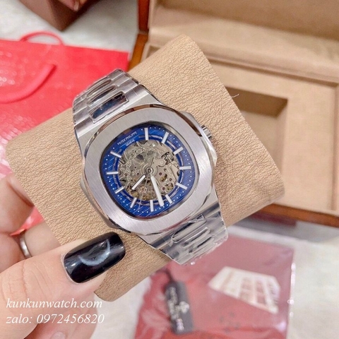 Đồng Hồ Nam Patek Philippe Automatic Lộ Máy Trước Sau Bạc Mặt Xanh - 40mm