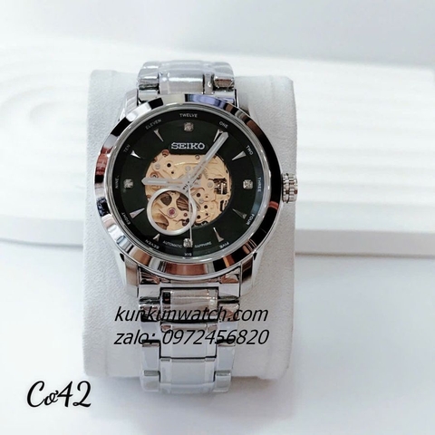 Đồng Hồ Nam Seiko Automatic Lộ Cơ Silver Mặt Đen 42mm