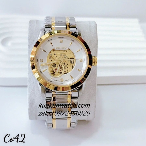 Đồng Hồ Nam Seiko Automatic Lộ Cơ Demi Mặt Trắng 42mm
