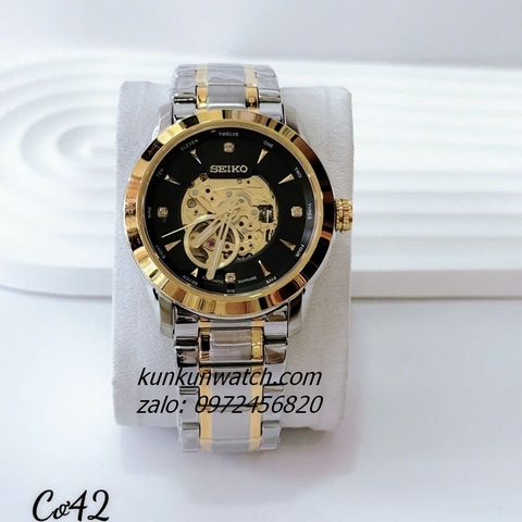 Đồng Hồ Nam Seiko Automatic Lộ Cơ Demi Mặt Đen 42mm
