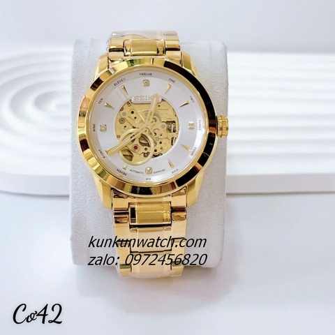 Đồng Hồ Nam Seiko Automatic Lộ Cơ Gold Mặt Trắng 42mm