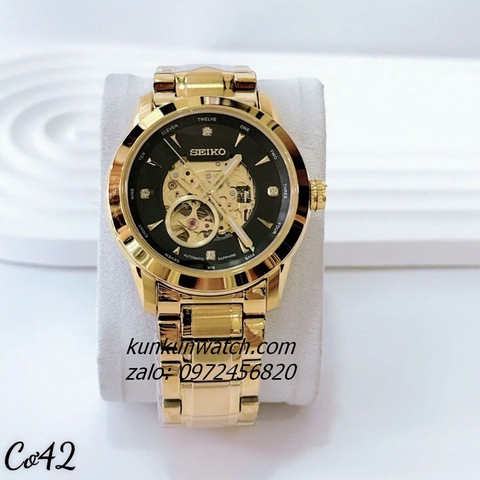 Đồng Hồ Nam Seiko Automatic Lộ Cơ Gold Mặt Đen 42mm