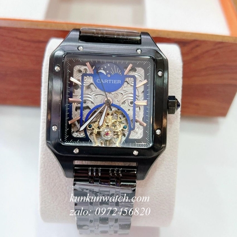 Đồng Hồ Nam Cartier Automatic Lộ Cơ - Lịch Ngày Đêm - Dây Đen - Mặt Vuông 42mm