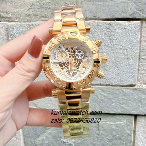 Đồng Hồ Nam Invicta Chronograph Lộ Máy Niềng Số Vỏ Gold Mặt Trắng 46mm