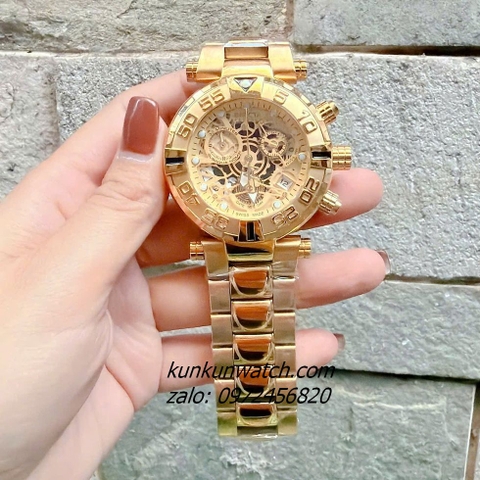 Đồng Hồ Nam Invicta Chronograph Lộ Máy Niềng Số Full Gold Mặt 46mm