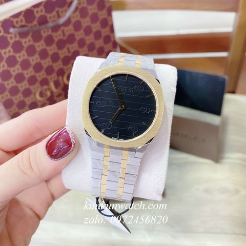 Đồng Hồ Nam Gucci 25H Điểm Logo Các Mốc Giờ Demi Mặt Đen 38mm