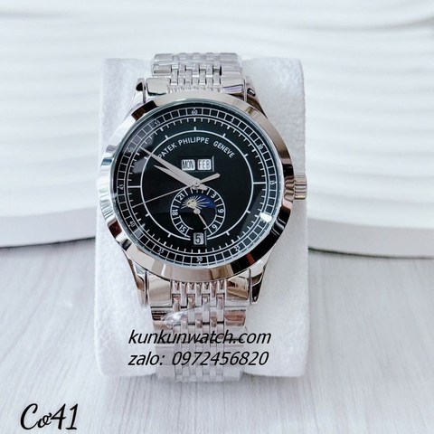 Đồng Hồ Nam Patek Philippe Automatic Đánh Dấu Phút, 4 Lịch Vỏ Silver Mặt Đen 41mm
