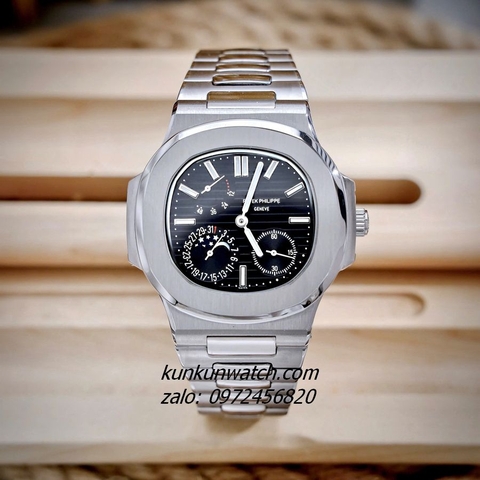 Đồng Hồ Nam Patek Philippe Nautilus Automatic 5 Kim 2 Lịch Silver Mặt Đen 40mm