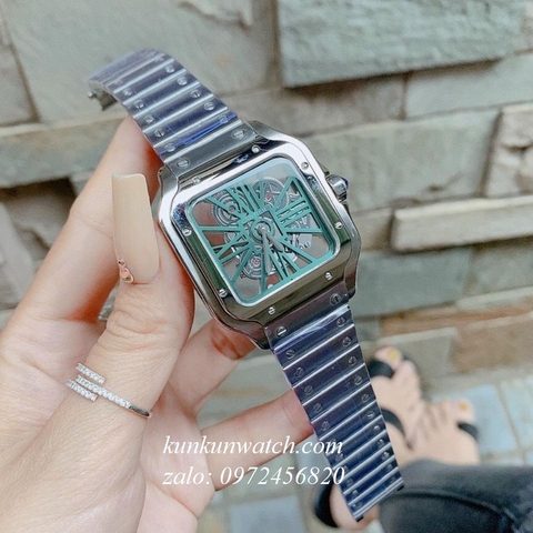 Đồng Hồ Nam Cartier Quartz Lộ Máy Dây Bạc Mặt Xanh Lá 38mm