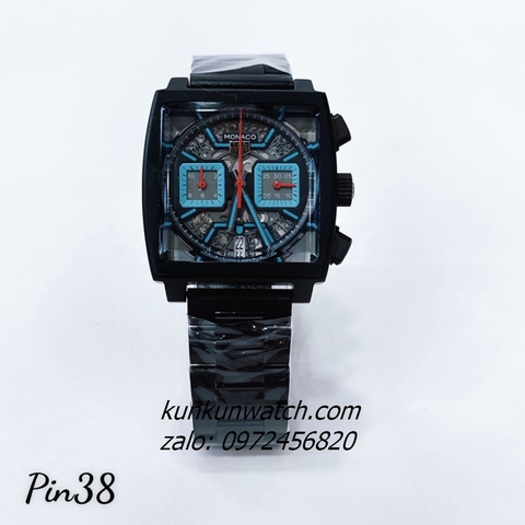 Đồng Hồ Nam Tag Heuer Monaco Chronograph 6 Kim Lộ Máy Xanh Lơ Black Mặt Vuông 38mm
