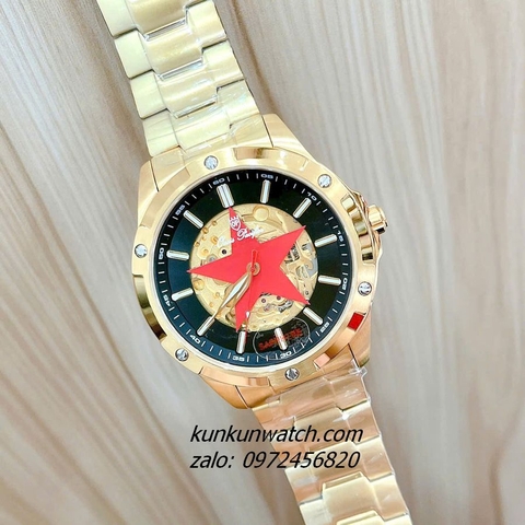 Đồng Hồ Nam Olym Pianus 3806G Họa Tiết Ngôi Sao, Nền Lộ Cơ, Đính Đá Gold Mặt Đen 41mm