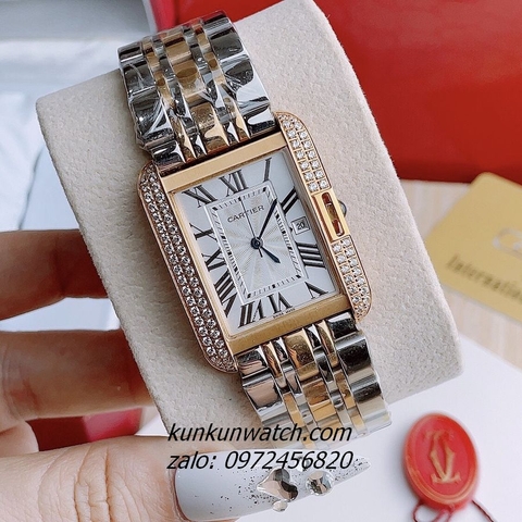 Đồng Hồ Nam Nữ Cartier 3 Kim Đính Đá Demi Mặt La Mã Vuông 36mm