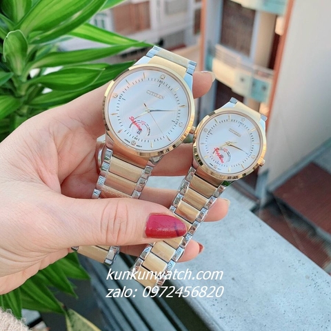 Đồng Hồ Cặp Đôi Citizen Quartz Đính Đá 4 Mốc Giờ Lịch Ngày Demi Mặt Trắng 40mm - 32mm