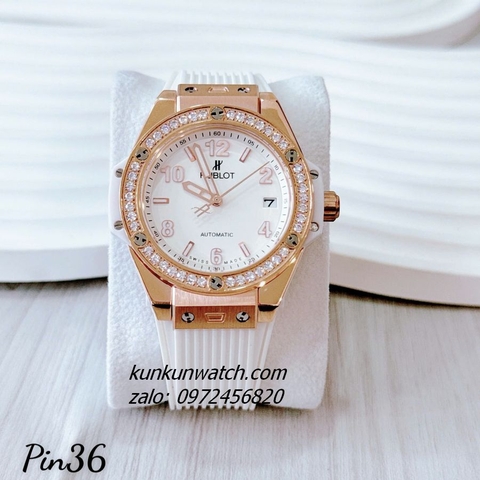 Đồng Hồ Nữ Hublot Đính Đá Lịch Ngày Dây Silicone Trắng Rose Gold 36mm