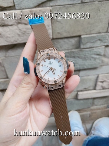 Đồng Hồ Nữ Hublot HLNSR023 - Dây Cao Su Nâu Mặt Trắng - 34mm