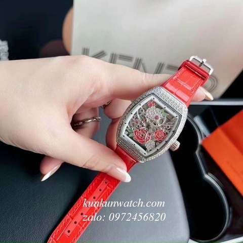 Đồng Hồ Nữ Franck Muller V32 - ABF Nền Lộ Máy, Hoa Văn - Dây Đỏ - 32 x 42mm
