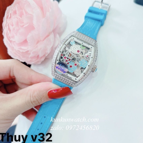 Đồng Hồ Nữ Franck Muller V32 - ABF Nền Lộ Máy, Hoa Văn - Dây Xanh - 32 x 42mm
