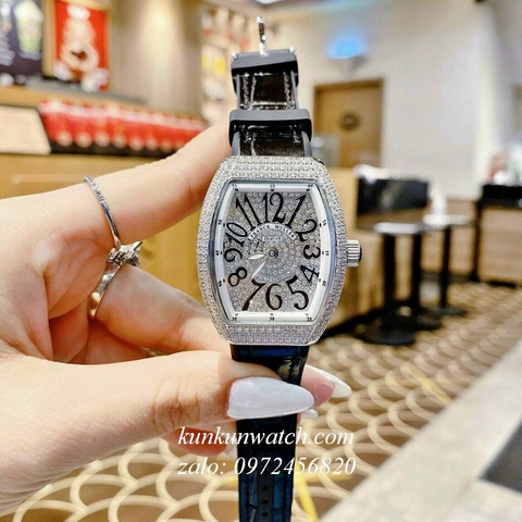 Đồng Hồ Nữ Franck Muller Vanguard V32 - Dây Đen ( Vỏ Bạc Viền Trắng ) - 32 x 42mm
