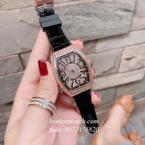 Đồng Hồ Nữ Franck Muller Vanguard V32 - Dây Đen ( Vỏ Vàng Viền Đen ) - 32 x 42mm