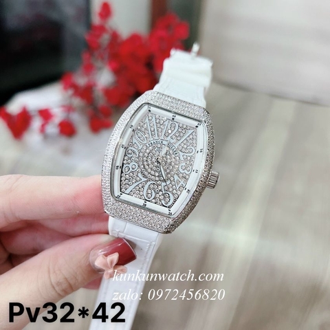 Đồng Hồ Nữ Franck Muller Vanguard V32 - Dây Trắng ( Vỏ Bạc ) - 32 x 42mm