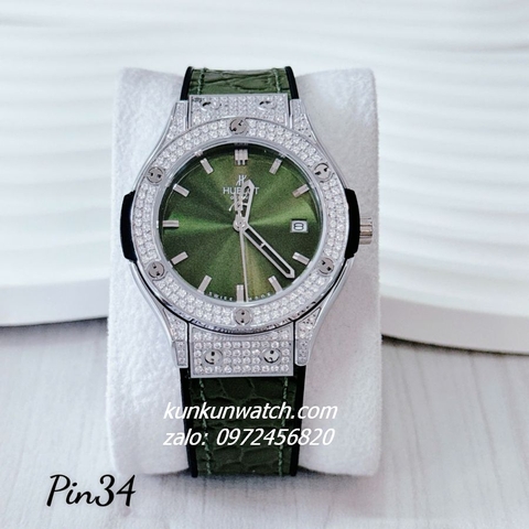 Đồng Hồ Nữ Hublot Classic Fusion Đính Đá Vỏ, Viền Đá Tròn 2 Vòng, Lịch Ngày Dây Silicone Da Vân Xanh Rêu Silver 34mm