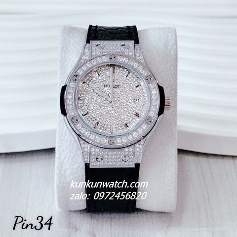 Đồng Hồ Nữ Hublot Classic Fusion Đính Full Đá, Viền Đá Tròn, Lịch Ngày Dây Silicone Da Vân Đen Silver 34mm