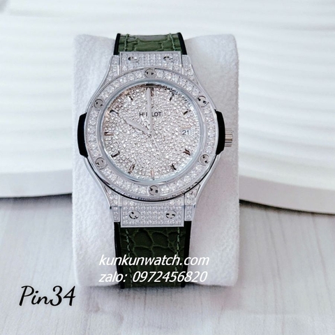 Đồng Hồ Nữ Hublot Classic Fusion Đính Full Đá, Viền Đá Tròn, Lịch Ngày Dây Silicone Da Vân Xanh Rêu Silver 34mm
