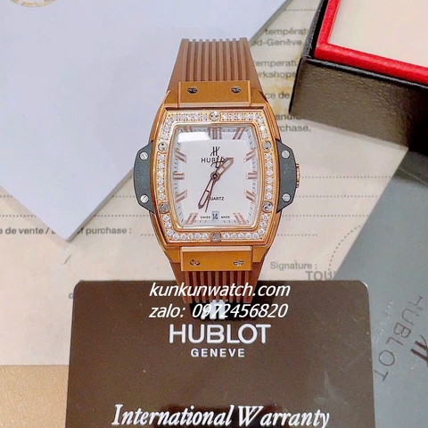 Đồng Hồ Nữ Hublot BigBang Spiri Đính Viền Đá Dây Silicone Nâu Rose Gold Mặt Trắng Vuông 28 x 30mm