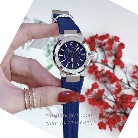 Đồng Hồ Nữ Salvatore Ferragamo F80 Dây Silicone Xanh Niềng Trơn 33mm