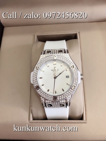 Đồng Hồ Nữ Hublot HLNSR025 - Dây Cao Su Trắng Vỏ Bạc - 34mm