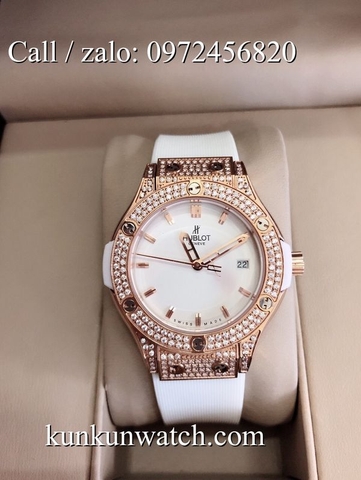 Đồng Hồ Nữ Hublot HLNSR026 - Dây Cao Su Trắng Vỏ Vàng Hồng - 34mm