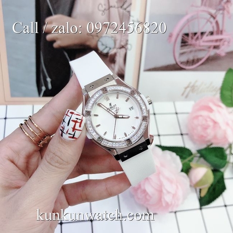 Đồng Hồ Nữ Hublot HLNSV017 - Dây Trắng Mặt Trắng Vỏ Bạc - 34mm