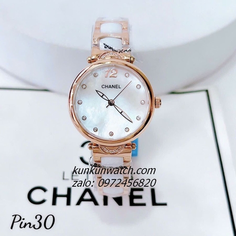 Đồng Hồ Nữ Chanel Đính Đá 11 Mốc Giờ Rose Gold Dây Đá Ceramic Trắng 30mm
