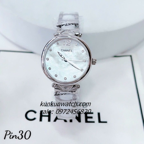 Đồng Hồ Nữ Chanel Đính Đá 11 Mốc Giờ Silver Dây Đá Ceramic Trắng 30mm