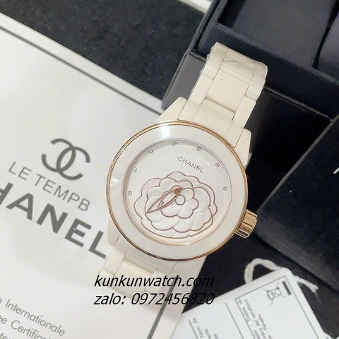 Đồng Hồ Nữ Chanel Mặt Hoa 3D Rose Gold Dây Đá Ceramic Kem 40mm