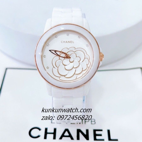 Đồng Hồ Nữ Chanel Mặt Hoa 3D Rose Gold Dây Đá Ceramic Trắng 34mm - 36mm - 40mm