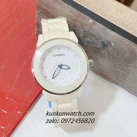 Đồng Hồ Nữ Chanel Mặt Hoa 3D Silver Dây Đá Ceramic Kem 34mm - 40mm