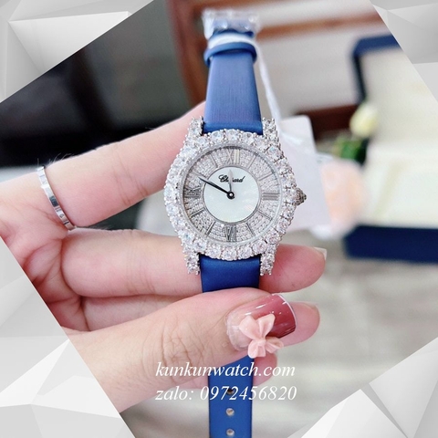 Đồng Hồ Nữ Chopard L'Heure Du Diamant Đính Viền Đá Chấu Nền Mặt Tia Da Xanh Silver 32mm