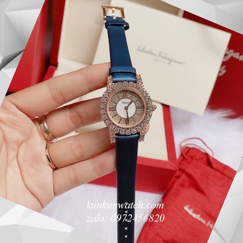 Đồng Hồ Nữ Chopard L'Heure Du Diamant Đính Viền Đá Chấu Nền Mặt Tia Da Xanh Rose Gold 32mm