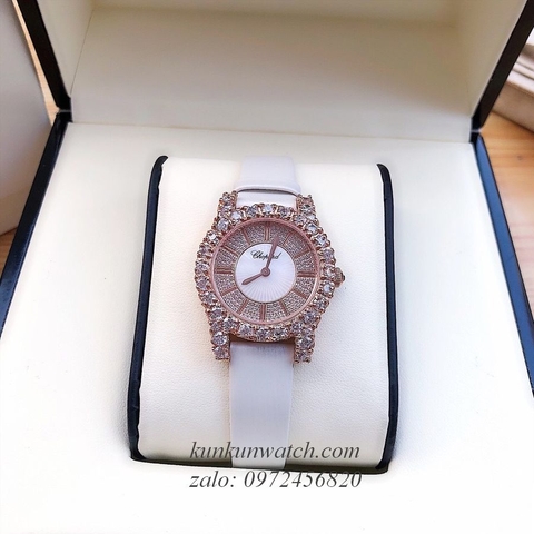 Đồng Hồ Nữ Chopard L'Heure Du Diamant Đính Viền Đá Chấu Nền Mặt Tia Da Trắng Rose Gold 32mm