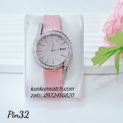 Đồng Hồ Nữ Piaget Limelight Gala Vỏ Silver Đính Full Đá, Điểm Vạch 12 Giờ, 2 Kim Dây Da Hồng 32mm