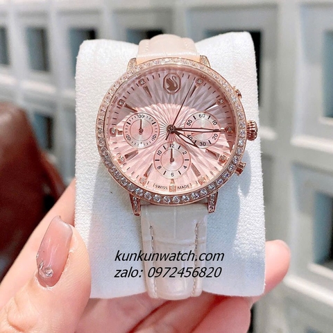 Đồng Hồ Nữ Swarovski Matrix Tennis Chrono Đính Đá Dây Da Be Mặt Hồng Rose Gold 36mm