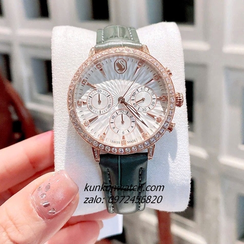 Đồng Hồ Nữ Swarovski Matrix Tennis Chrono Đính Đá Dây Da Xám Rose Gold 36mm
