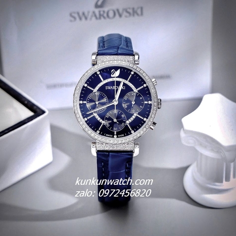 Đồng Hồ Nữ Swarovski Passage Chrono Đính Đá Dây Da Xanh Navy Silver 36mm